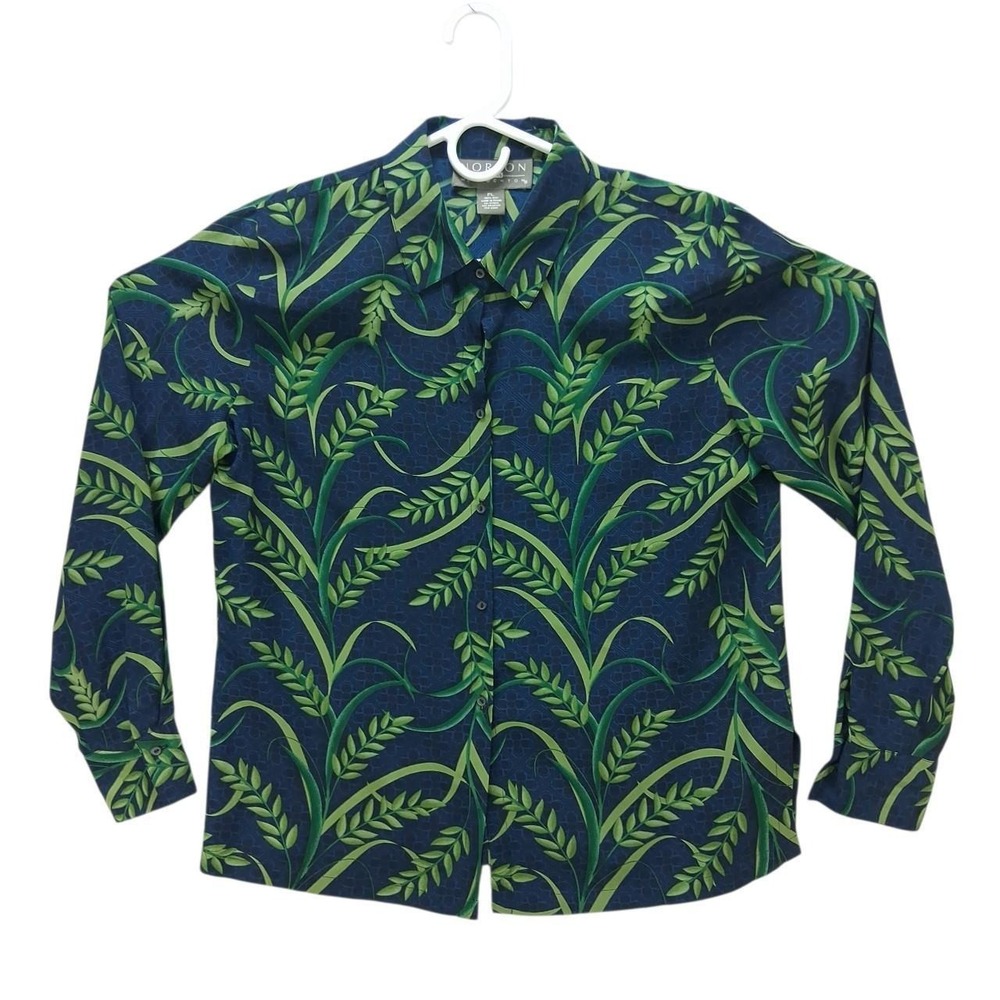 Norton McNaughton Petites Silk Blouse Navy Green Botanical Leaf Print PL